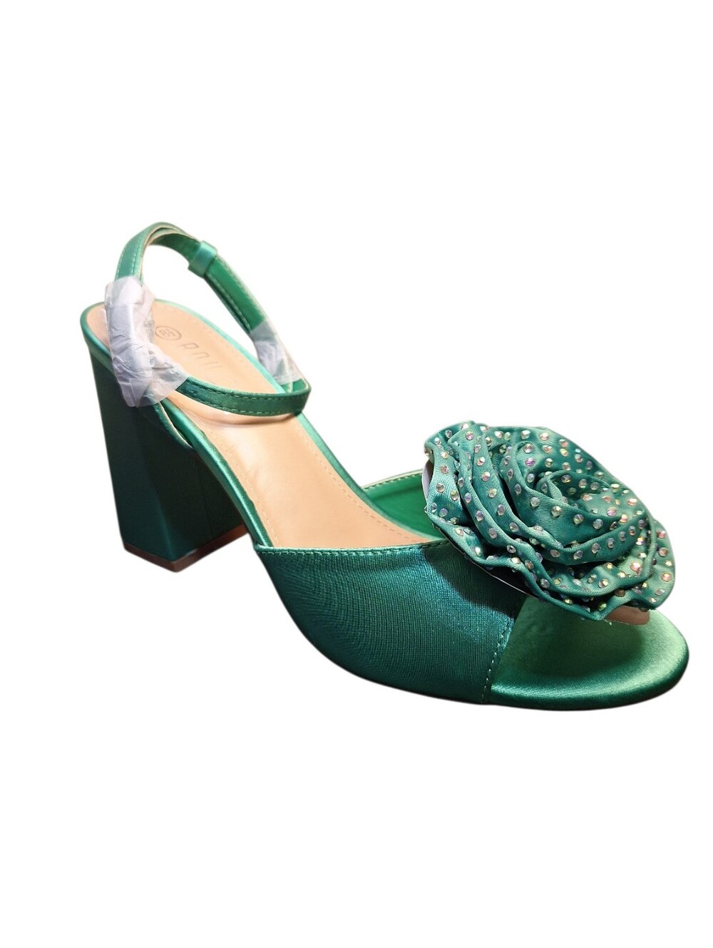 NIB Rouge Emerald Green Satin Block Heel Sandals with Rhinestone Rosette